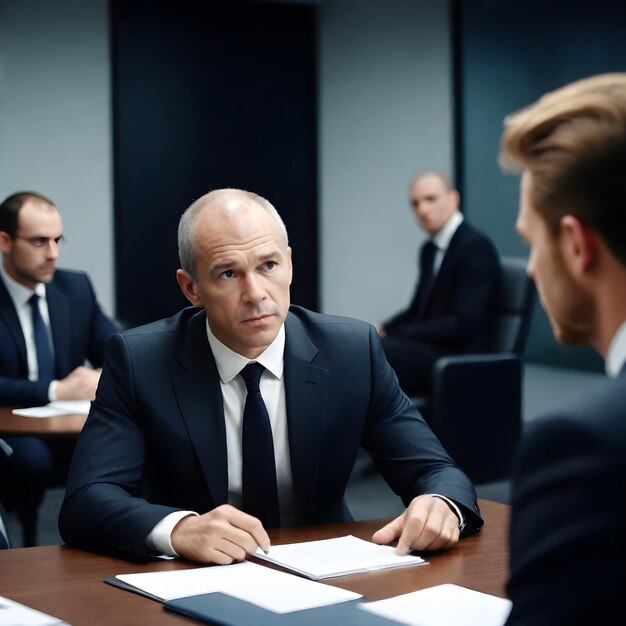 a man in a suit sits at a table with other men in the background