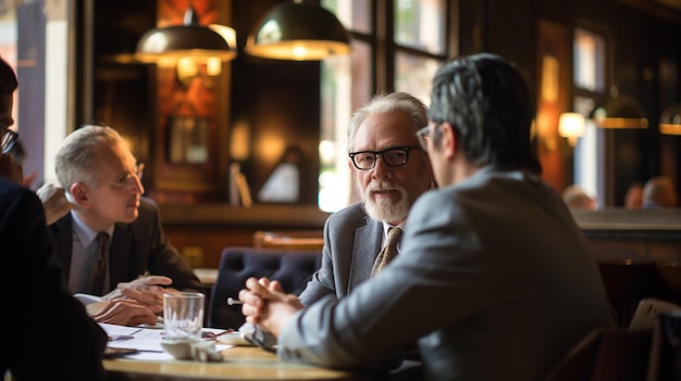 a man in a suit sits at a table with other men