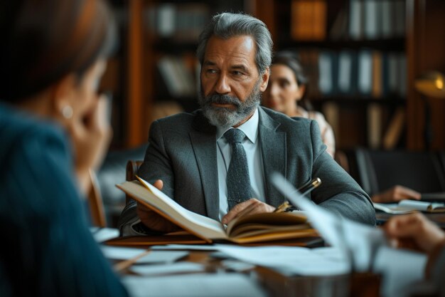 Photo a man in a suit sits at a table with other people in the background