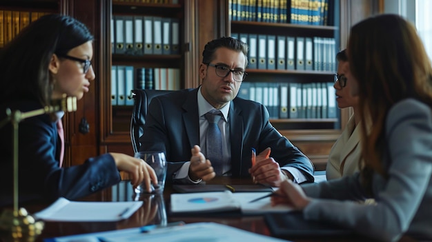 a man in a suit sits at a table with other people in a library