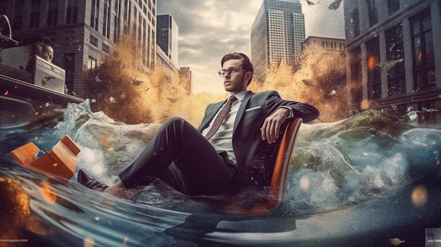 A man in a suit sits in a wave in a city with a city in the background.