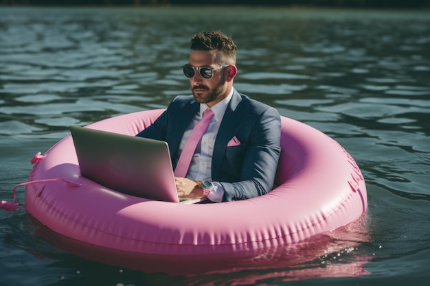 A man in a suit sitting on a pink inflatable suitable for business or leisure concepts