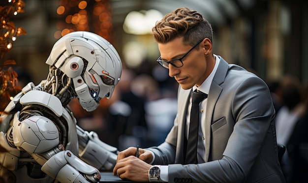 Photo man in suit sitting at table with robot