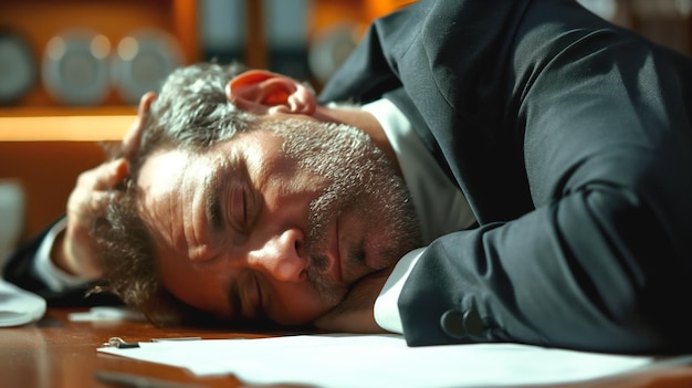 Man in suit sleeping on a desk with scattered papers in an office setting