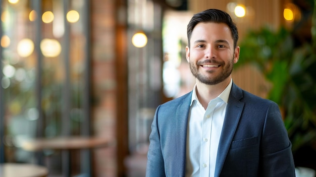 a man in a suit smiles in front of a bar