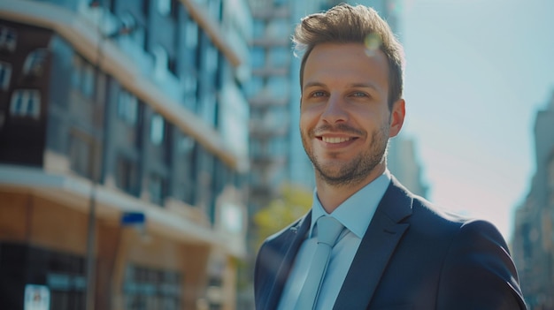 a man in a suit smiles in front of a building with a blue shirt and tie