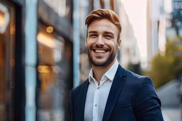 Photo a man in a suit smiles in front of a building