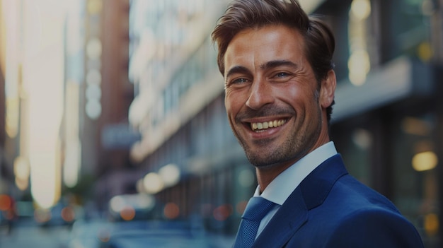 a man in a suit smiles in front of a building