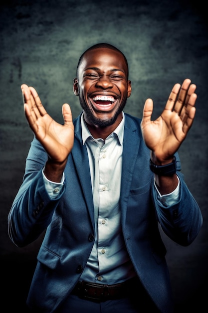 A man in a suit smiles and laughs with his hands up.