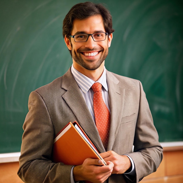 a man in a suit smiles while holding a book