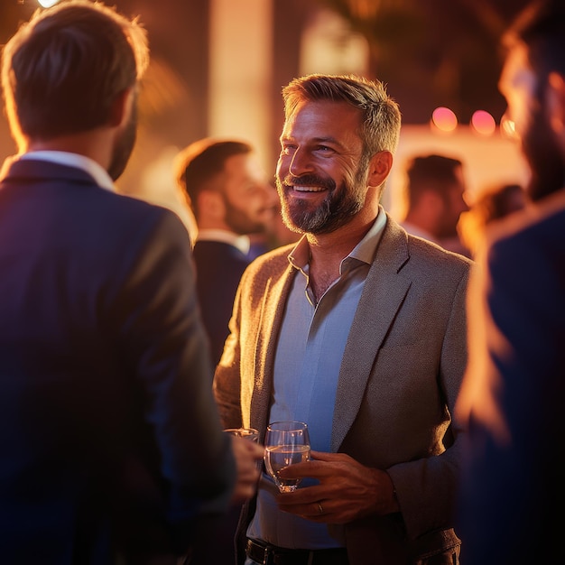 Photo a man in a suit smiles with a glass of water in his hand