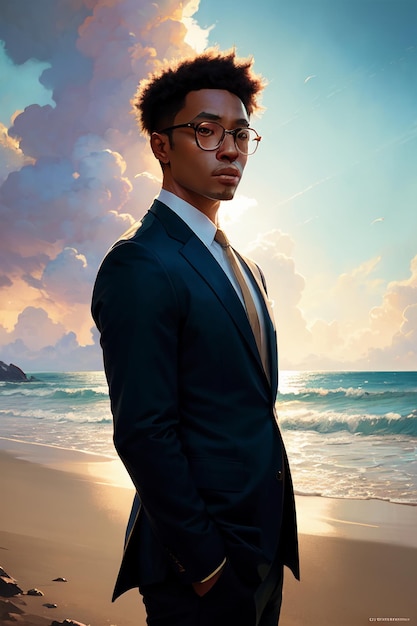 A man in a suit stands on a beach with a sky background.