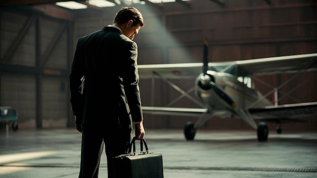 Photo a man in a suit stands next to a black suitcase and a small plane in the background