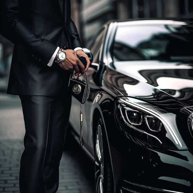 A man in a suit stands next to a car with a black car in the background.