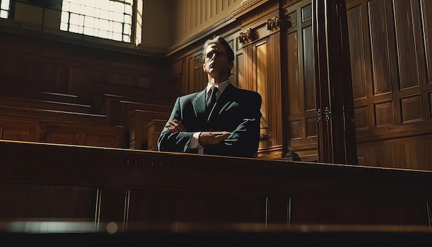 A man in a suit stands in a courtroom