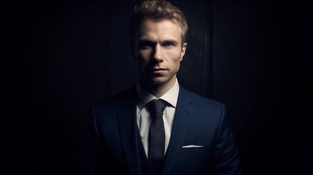 A man in a suit stands in the dark with a white pocket square on the left side