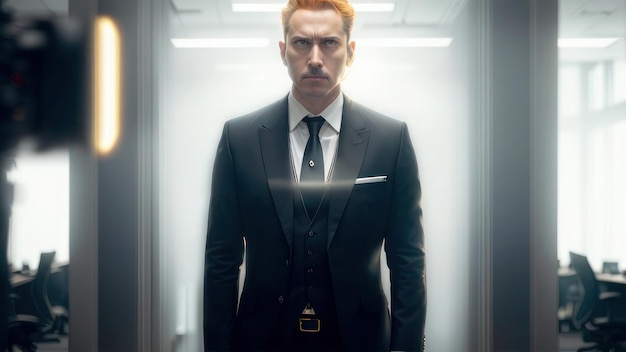 A man in a suit stands in an elevator with the word man on the front.