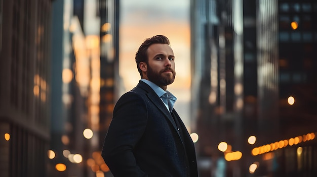 A Man in a Suit Stands in the Evening City