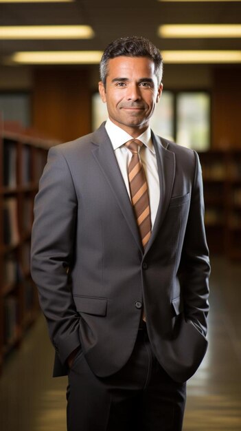 Photo a man in a suit stands in front of a bookcase