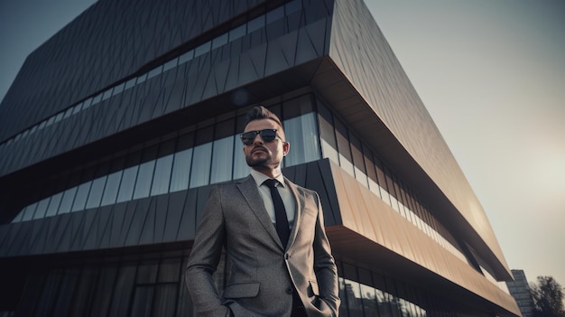 A man in a suit stands in front of a building that says'the future of business '