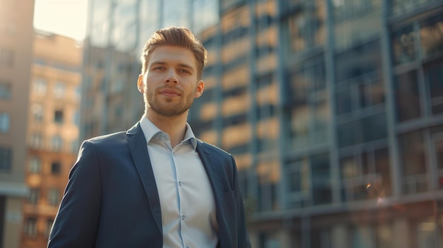 a man in a suit stands in front of a building with a large window in the background