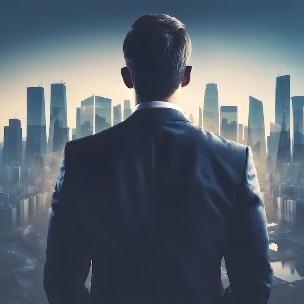 man in a suit stands in front of a city skyline