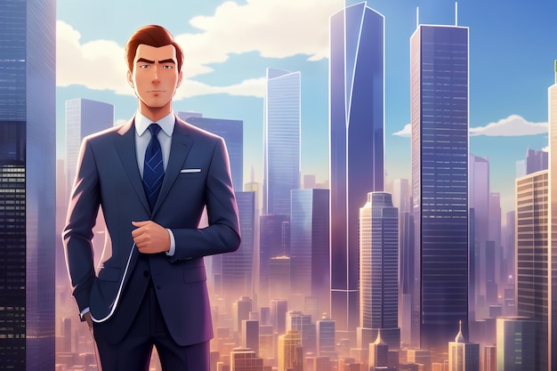 A man in a suit stands in front of a cityscape.