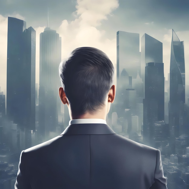 man in a suit stands in front of a cityscape