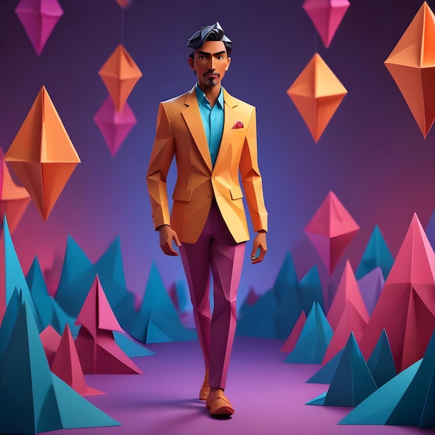 a man in a suit stands in front of colorful paper cranes