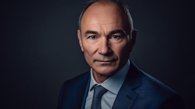 A man in a suit stands in front of a dark background.