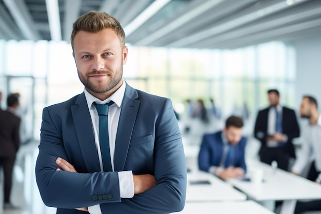 Photo a man in a suit stands in front of a desk with other men in the background