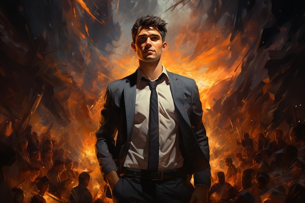 A man in a suit stands in front of a fiery background.