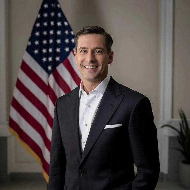 a man in a suit stands in front of a flag