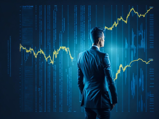 A man in a suit stands in front of a graph that says financial statistics.