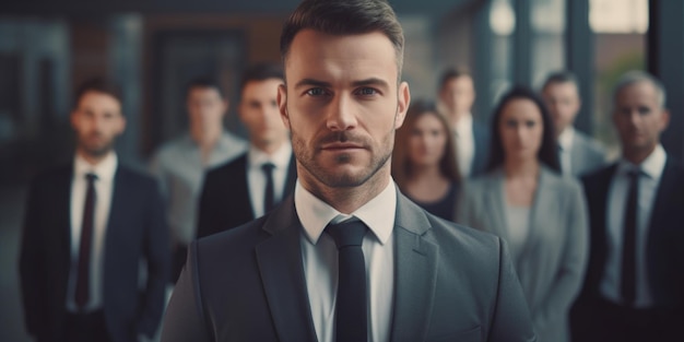 Photo man in suit stands in front of group of people