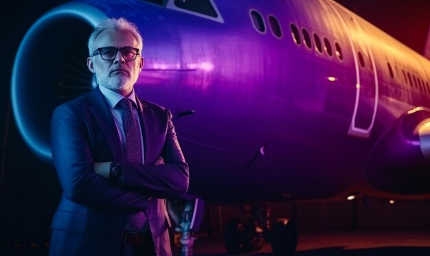 Photo man in suit stands in front of large airplane