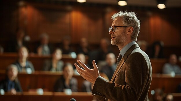 a man in a suit stands in front of a large audience