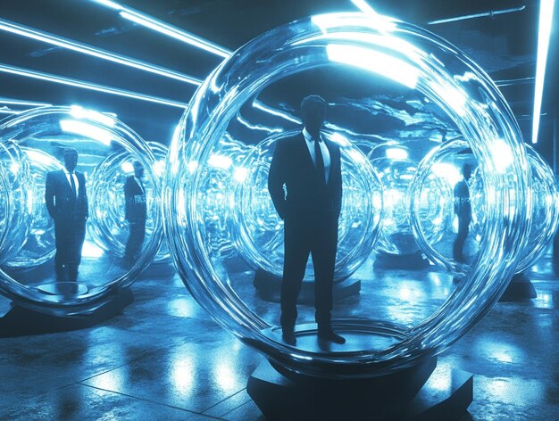 Photo a man in a suit stands in front of a large bubble