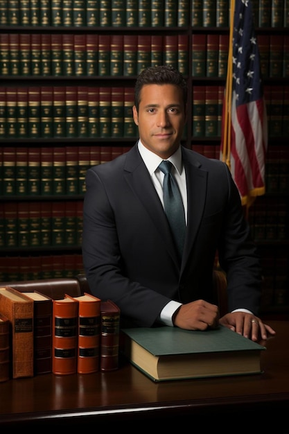 Photo a man in a suit stands in front of a large collection of books