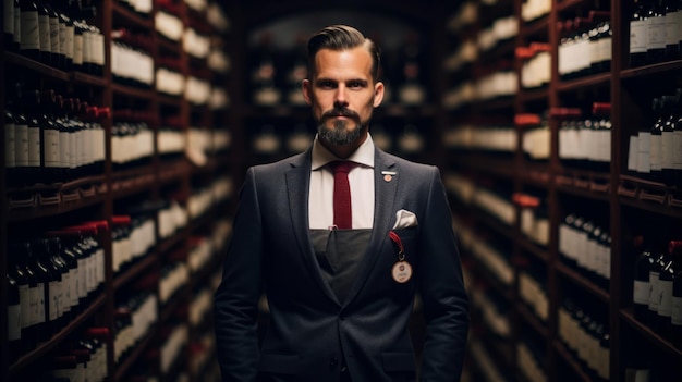 a man in a suit stands in front of a large stacks of bookshelves