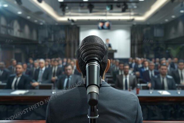 Photo a man in a suit stands in front of a microphone and talks with a group of people in a room with a large screen behind him