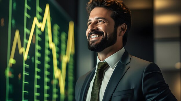 Photo a man in a suit stands in front of a monitor with the word graph on it