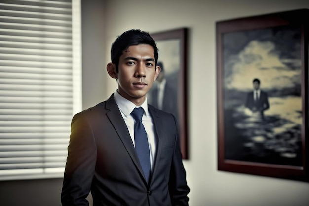 A man in a suit stands in front of a painting on a wall.