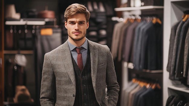 a man in a suit stands in front of a rack of clothes