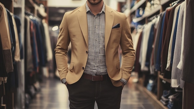 a man in a suit stands in front of a row of suits