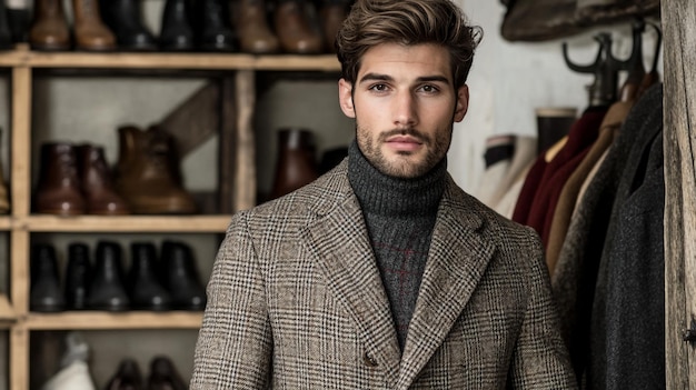 a man in a suit stands in front of a shoe store