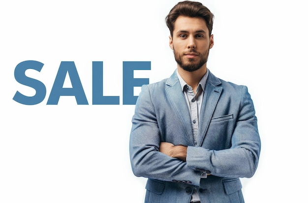 a man in a suit stands in front of a sign that says  sale