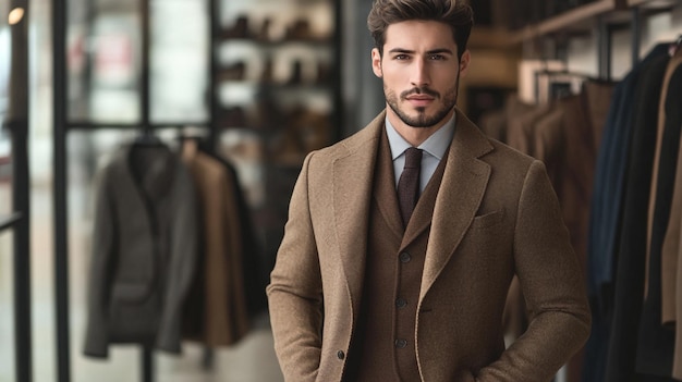 a man in a suit stands in front of a suit and jacket