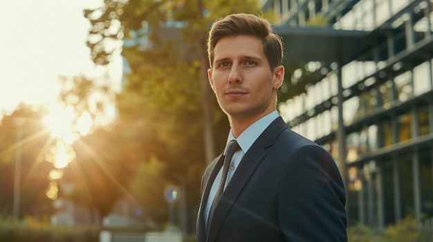 a man in a suit stands in front of a sunlit background