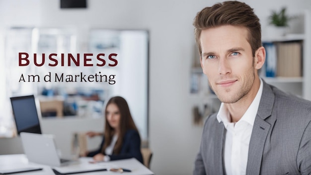 Photo a man in a suit stands in front of a table with a sign that says business